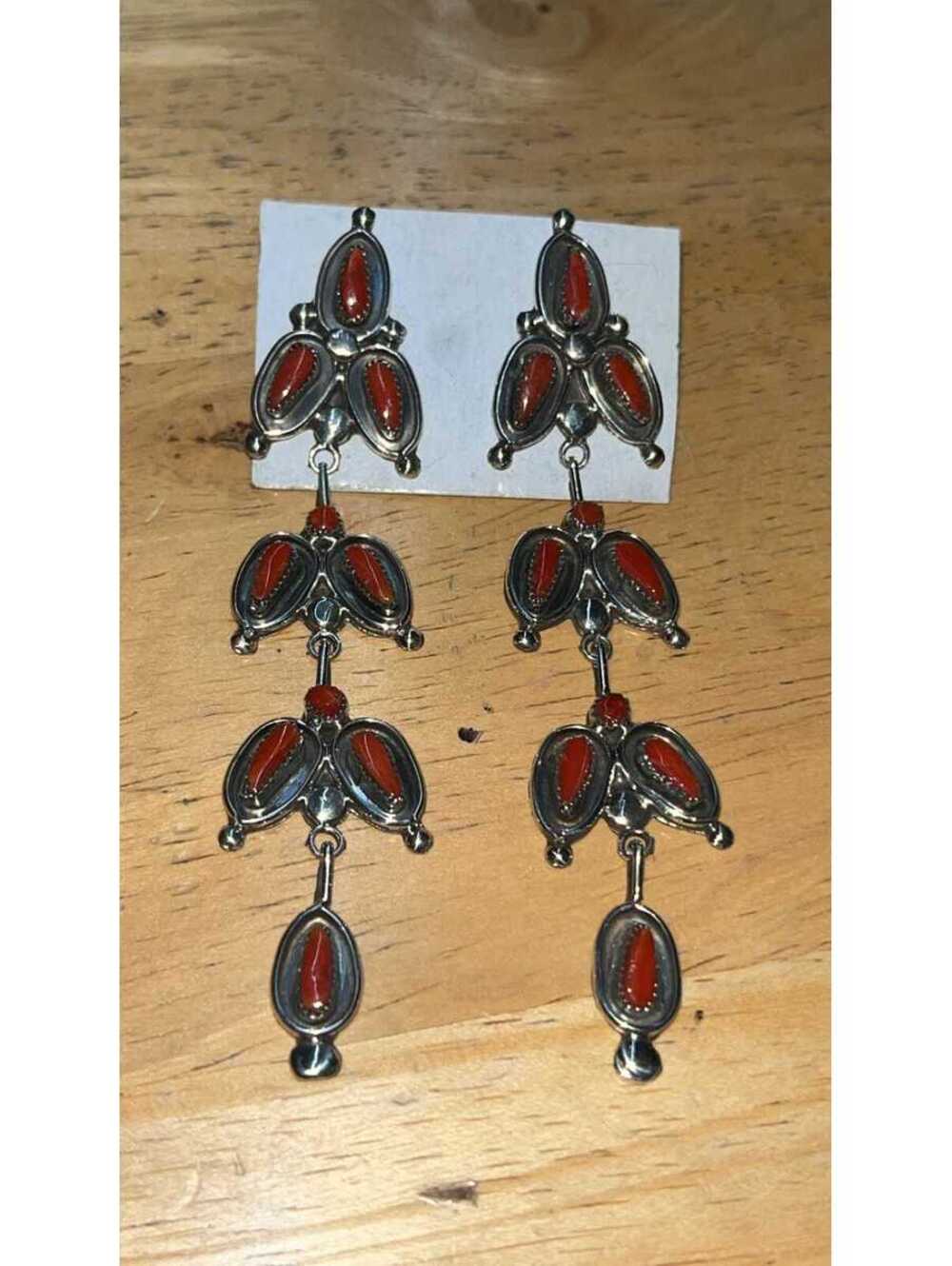 Native American Zuni long coral red cluster post long earrings sterling silver